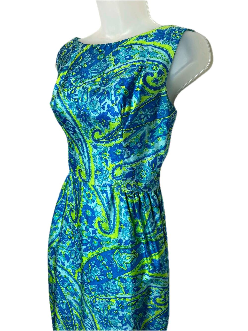 Vintage 1960s Blue & Green Paisley Cocktail Party Dress Sz Small Sleeveless Zip
